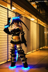 Rule 34 | 1girl, arm warmers, black hair, black rock shooter, black rock shooter beast, boots, cosplay, glowing, gun, looking at viewer, photo (medium), real life, skirt, thigh boots, thighhighs, vensii, weapon