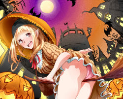 Rule 34 | 1girl, ass, bag, bat (animal), between legs, blonde hair, broom, brown dress, brown eyes, commentary request, cowboy shot, dress, flying, from side, halloween, jack-o&#039;-lantern, looking at viewer, looking to the side, moon, neck ribbon, night, open mouth, original, panties, pantyshot, pink panties, pointy ears, pumpkin, red ribbon, ribbon, skyline, solo, striped clothes, striped dress, umbrella, underwear, upskirt, witch, yowane haku1969