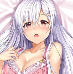 Rule 34 | 1girl, aldehyde, bare shoulders, bed sheet, blush, bow, bow bra, bra, breasts, cleavage, close-up, collarbone, dakimakura (medium), eyes visible through hair, frilled bra, frills, hair between eyes, hair ornament, hairclip, large breasts, long hair, looking at viewer, lying, neeko (aldehyde), nose blush, on back, open mouth, original, pink bra, red eyes, silver hair, solo, underwear, upper body, white bow