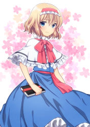 Rule 34 | 1girl, alice margatroid, blonde hair, blue dress, blue eyes, blush, bow, bowtie, capelet, dress, frilled capelet, frills, hair between eyes, hairband, holding, irino, long dress, red bow, short hair, smile, solo, standing, touhou, white background, white capelet, white hairband