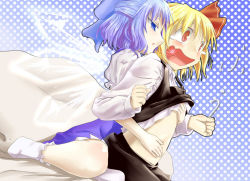 Rule 34 | 2girls, blonde hair, blue eyes, blue hair, blush, bow, cirno, clenched hand, clenched hands, female focus, hair bow, hair ribbon, hug, hug from behind, matsu 84, multiple girls, navel, open mouth, red eyes, ribbon, rumia, short hair, skirt, skirt set, tears, touhou, yuri