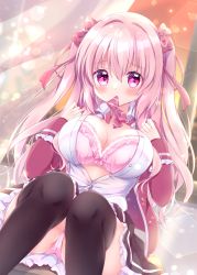 Rule 34 | 1girl, black skirt, black thighhighs, blush, bow, bowtie, bra, breasts, buttons, chiika (cure cherish), cleavage, collared shirt, feet out of frame, frilled bra, frilled skirt, frills, hair bow, in mouth, jacket, large breasts, long hair, looking at viewer, open clothes, original, paid reward available, panties, pink bra, pink eyes, pink hair, pink panties, red bow, red jacket, school uniform, shirt, sitting, skirt, solo, striped, striped bow, thighhighs, two side up, underwear, white shirt