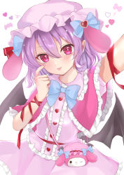 Rule 34 | 1girl, :p, akanbe, bat wings, blouse, blue bow, blue bowtie, blush, bow, bowtie, buttons, capelet, center frills, cismlyri, cowboy shot, eyelid pull, frilled capelet, frilled shirt, frilled skirt, frills, hair between eyes, hat, heart button, looking at viewer, miniskirt, mob cap, my melody, onegai my melody, pink shirt, pink skirt, pointy ears, purple hair, red eyes, remilia scarlet, sanrio, shirt, short hair, skirt, solo, tongue, tongue out, touhou, vampire, wings