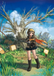 Rule 34 | bare tree, bayonet, block (object), boots, brown eyes, brown hair, cloud, day, fence, full body, gloves, gun, hat, highres, original, outdoors, piranosuke, rifle, scarf, solo, tree, weapon