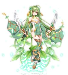 Rule 34 | 1girl, ahoge, braid, closed mouth, crown braid, dual wielding, flat chest, flower knight girl, green thighhighs, hattori masaki, holding, holding sword, holding weapon, looking at viewer, mint, mint (flower knight girl), name connection, object namesake, official art, revealing clothes, shoes, smile, solo, sword, tabard, thighhighs, weapon, white background, yellow eyes