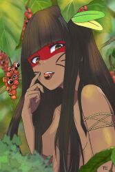 Rule 34 | 1girl, absurdres, black hair, brazil, brchan, breasts, brown eyes, commentary, dark-skinned female, dark skin, english commentary, facepaint, feather hair ornament, feathers, finger to face, foliage, food in mouth, from side, guarana, hair ornament, hair over breasts, highres, hime cut, kuruminha, leaf, long hair, looking at viewer, matsudart, medium breasts, mouth hold, signature, smile, string, teeth, topless, upper body, very long hair
