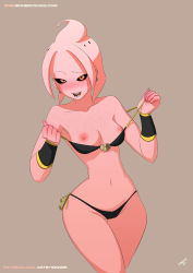 Rule 34 | 1girl, belly, blush, bra, breasts, brown eyes, colored skin, dragon ball, dragon ball xenoverse, eyebrows, female focus, female majin, highres, lamp (epe-tohri), majin (race), nipples, open mouth, panties, pink skin, simple background, sinner! (sillygirl), solo, stomach, teeth, tongue, underwear