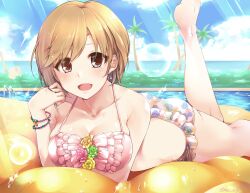 Rule 34 | 1girl, aiba yumi, arm under breasts, ass, bikini, blonde hair, blush, boat, breasts, brown eyes, cloud, cloudy sky, collarbone, day, dot nose, earrings, floral print, flower, frilled bikini, frills, grass, hand up, highres, idolmaster, idolmaster cinderella girls, idolmaster cinderella girls starlight stage, jewelry, leg up, looking at viewer, lying, medium breasts, necklace, ocean, on stomach, open mouth, paopao, pine tree, pool, print bikini, short hair, sky, smile, solo, sunlight, swimsuit, tree, watercraft