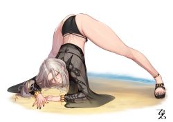Rule 34 | 1girl, arm rest, ass, bare shoulders, beeeeen, bikini, black bikini, bracelet, breasts, carmilla (fate), carmilla (swimsuit rider) (fate), carmilla (swimsuit rider) (third ascension) (fate), cleavage, commission, fate/grand order, fate (series), flexible, hands on ground, highres, jack-o&#039; challenge, jewelry, large breasts, long hair, long sleeves, looking at viewer, meme, parted bangs, pixiv commission, puffy long sleeves, puffy sleeves, sandals, see-through, smile, solo, spread legs, stretching, swimsuit, top-down bottom-up, white hair, wide spread legs, yellow eyes