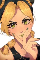 Rule 34 | 1girl, artist request, black eyeliner, black hair, blonde hair, blush, braid, collarbone, cone hair bun, double bun, eyeliner, finger to mouth, fingernails, green eyes, green lips, green nails, hair bun, hand on own cheek, hand on own face, highres, jojo no kimyou na bouken, kuujou jolyne, looking at viewer, makeup, multicolored hair, non-web source, simple background, solo, source request, star (symbol), stone ocean, tank top, two-tone hair, v-shaped eyebrows, white background