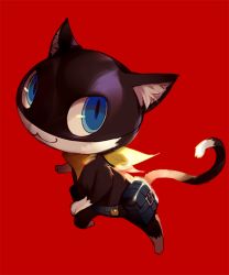 Rule 34 | 10s, :3, animal, ask (askzy), bag, belt, belt pouch, blue eyes, buckle, cat, closed mouth, full body, kerchief, looking at viewer, morgana (persona 5), no humans, persona, persona 5, red background, simple background