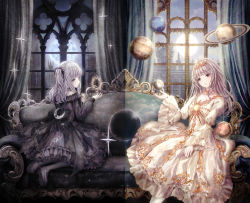 Rule 34 | 2girls, bare shoulders, black bow, black dress, black footwear, black legwear, bow, closed mouth, commentary request, couch, crescent, curtains, day, dress, feet out of frame, frilled dress, frills, full moon, grey hair, highres, indoors, kneeling, lolita fashion, long hair, long sleeves, missile228, moon, multiple girls, night, off-shoulder dress, off shoulder, on couch, one side up, open mouth, original, pantyhose, planet, planetary ring, puffy long sleeves, puffy sleeves, red eyes, shoe soles, shoes, sleeves past wrists, smile, split theme, sun, tiara, white dress, white legwear, wide sleeves, window