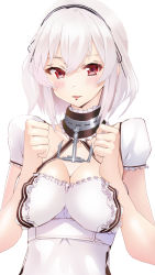 Rule 34 | 1girl, anchor, azitama atsushi (attyuu), azur lane, blush, breasts, breasts squeezed together, choker, cleavage, collarbone, dress, hair between eyes, hairband, highres, lace-trimmed hairband, lace trim, large breasts, looking at viewer, puffy sleeves, red eyes, ribbon, short hair, short sleeves, sidelocks, sirius (azur lane), solo, white hair