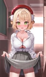 Rule 34 | 1girl, beret, blonde hair, blush, braid, breasts, cleavage, clothes lift, collarbone, green eyes, hair ornament, hair rings, hat, heart, heart-shaped pupils, highres, indie virtual youtuber, kanzarin, large breasts, light brown hair, long sleeves, looking at viewer, open mouth, pom pom (clothes), pom pom hair ornament, shigure ui (vtuber), shirt, short hair, skirt, skirt lift, solo, sweat, symbol-shaped pupils, thighs, virtual youtuber, white shirt