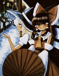 Rule 34 | 2girls, ascot, black hair, black headwear, black vest, blonde hair, bow, braid, commentary request, cowboy shot, detached sleeves, frilled hair tubes, frills, hair bow, hair tubes, hakurei reimu, hand up, hat, hell0120, highres, holding, holding umbrella, kirisame marisa, long hair, looking at viewer, multiple girls, open mouth, orange ascot, outdoors, profile, rain, red bow, red eyes, red skirt, red vest, shirt, single braid, skirt, touhou, umbrella, vest, white shirt, witch hat, yellow eyes