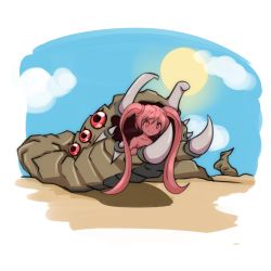 Rule 34 | 1girl, blue sky, chibi, closed mouth, cloud, colored sclera, colored skin, day, desert, extra eyes, highres, long hair, monster, monster girl, monster girl encyclopedia, nanostar, nude, outdoors, pink hair, pink sclera, pink skin, red eyes, sandworm (monster girl encyclopedia), sky, smile, solo, sun, transparent background, twintails