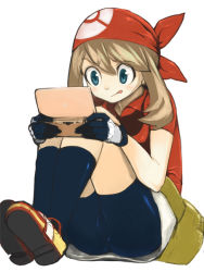 Rule 34 | 00s, 1girl, :p, bandana, bike shorts, blue eyes, brown hair, cameltoe, creatures (company), game freak, gloves, handheld game console, hat, latex, may (pokemon), nintendo, nintendo ds, osaki, playing, playing games, pokemon, pokemon rse, simple background, sitting, skirt, solo, tongue, tongue out, video game, white background, white skirt