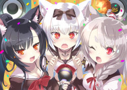 Rule 34 | 3girls, :d, :o, anchor necklace, animal ear fluff, animal ears, arms up, azur lane, black bow, black hair, blush, bow, bowtie, braid, breasts, cat ears, chicken (food), chicken leg, cleavage, collarbone, commentary request, confetti, creator connection, crop top, fang, fingerless gloves, gloves, hair bow, highres, holding, jewelry, krono tokage, long hair, looking at viewer, medium breasts, microphone, midriff, multicolored nails, multiple girls, nail polish, necklace, one eye closed, open mouth, pleated skirt, ponytail, red eyes, red neckwear, revision, ribbon, sailor collar, school uniform, serafuku, shigure (azur lane), short hair, sidelocks, silver hair, skin fang, skirt, smile, speaker, tail, thick eyebrows, wolf ears, yukikaze (azur lane), yuudachi (azur lane)
