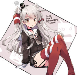 Rule 34 | 1girl, amatsukaze (kancolle), black dress, blush, brown eyes, collarbone, dated, dress, gloves, hair tubes, kantai collection, lifebuoy, long hair, long sleeves, odawara hakone, one-hour drawing challenge, parted lips, red thighhighs, sailor collar, sailor dress, silver hair, solo, swim ring, thighhighs, twitter username, two side up, white gloves, white sailor collar