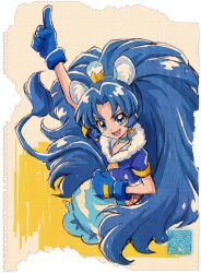 Rule 34 | 1girl, animal ears, blue choker, blue eyes, blue gloves, blue hair, blue jacket, choker, commentary, commentary request, cure gelato, earrings, english commentary, eyelashes, fur-trimmed jacket, fur trim, gloves, hair ornament, happy, jacket, jewelry, kamikita futago, kirakira precure a la mode, long hair, looking at viewer, magical girl, partial commentary, ponytail, precure, smile, solo, standing, tail, tategami aoi