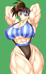 Rule 34 | 1girl, abs, arms up, black widow (muscle bomber), blue eyes, breasts, brown hair, capcom, headband, highres, muscle bomber, muscular, ren (tainca2000), thick thighs, thighs