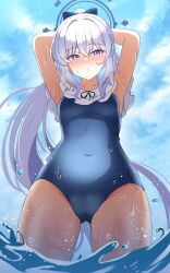 Rule 34 | 1girl, arms behind head, bare arms, bare legs, bare shoulders, blue archive, blue halo, blue one-piece swimsuit, blush, breasts, cameltoe, collarbone, cowboy shot, day, grey hair, hair between eyes, halo, highres, long hair, looking at viewer, miyako (blue archive), miyako (swimsuit) (blue archive), one-piece swimsuit, outdoors, parted lips, ponytail, purple eyes, small breasts, solo, swimsuit, water, wet, wet clothes, xgarasux