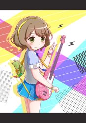Rule 34 | 1girl, blue bow, blue shirt, blue skirt, blush, bow, brown hair, closed mouth, commentary request, cowboy shot, electric guitar, goth risuto, green eyes, guitar, hair bow, hairband, hand up, heart, holding, holding instrument, instrument, letterboxed, lightning bolt symbol, looking at viewer, looking to the side, pleated skirt, puffy short sleeves, puffy sleeves, shirt, short hair, short sleeves, skirt, smile, solo, tokyo 7th sisters, v, vest, wanibuchi emoko, white vest, yellow bow, yellow hairband