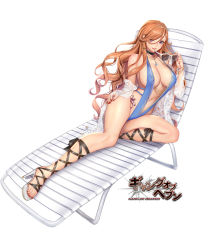 Rule 34 | 1girl, bare shoulders, beach chair, breasts, brown hair, choker, earrings, full body, gang of heaven, high heels, holding, jewelry, large breasts, lips, logo, long hair, looking at viewer, lying, makeup, masami chie, nail polish, navel, off shoulder, official art, on side, purple eyes, shiny skin, simple background, slingshot swimsuit, smile, solo, sunglasses, swimsuit, tattoo, thighs, white background