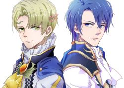 Rule 34 | 2boys, alfred (fire emblem), blonde hair, blue eyes, blue hair, cape, fire emblem, fire emblem: genealogy of the holy war, fire emblem engage, highres, long hair, looking at viewer, male focus, multiple boys, nintendo, short hair, sigurd (fire emblem), simple background, smile, sturm fe k11, white background