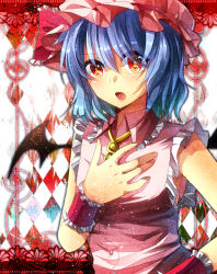 Rule 34 | 1girl, bat wings, blue hair, female focus, hat, highres, kuga huna, open mouth, red eyes, remilia scarlet, short hair, sleeveless, solo, touhou, upper body, wings, wrist cuffs