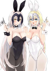 Rule 34 | 2girls, absurdres, animal ears, asymmetrical docking, bad id, bad twitter id, black legwear, blonde hair, bow, bowtie, braid, breast press, breasts, cleavage, closed mouth, contrapposto, covered navel, cowboy shot, detached collar, fake animal ears, fate/grand order, fate (series), flag, hairband, headpiece, highres, holding hands, interlocked fingers, jeanne d&#039;arc (fate), jeanne d&#039;arc (ruler) (fate), jeanne d&#039;arc alter (avenger) (fate), jeanne d&#039;arc alter (fate), kento1102, large breasts, leotard, long hair, looking at viewer, multiple girls, nail polish, pantyhose, playboy bunny, rabbit ears, simple background, single braid, smile, standing, very long hair, white background, white legwear, wrist cuffs, yellow eyes