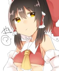 Rule 34 | 1girl, ?, abe suke, ascot, black hair, bow, breasts, closed mouth, commentary request, detached sleeves, hair between eyes, hair bow, hair tubes, hakurei reimu, looking at viewer, red bow, sidelocks, signature, simple background, small breasts, solo, spoken question mark, touhou, underboob, upper body, white background, yellow eyes