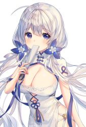 Rule 34 | 1girl, ahoge, azur lane, blue eyes, blue flower, blue ribbon, blush, breasts, china dress, chinese clothes, cleavage, commentary, covering own mouth, dress, flower, hair between eyes, hair flower, hair ornament, hand fan, highres, holding, holding fan, illustrious (azur lane), illustrious (maiden lily&#039;s radiance) (azur lane), large breasts, long hair, ribbon, shiro albino, simple background, white background, white hair