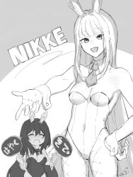 Rule 34 | 241otoko lover, 2girls, :d, :o, animal ears, ascot, blanc (nikke), blush, breasts, cleavage, detached collar, fake animal ears, fang, fishnet pantyhose, fishnets, goddess of victory: nikke, greyscale, hair intakes, hand on own hip, highleg, highleg leotard, highres, large breasts, leotard, long hair, monochrome, multiple girls, noir (nikke), open mouth, pantyhose, playboy bunny, rabbit ears, reaching, reaching towards viewer, signature, skin fang, small breasts, smile, strapless, strapless leotard, very long hair, wrist cuffs