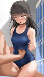 Rule 34 | 1boy, 1girl, absurdres, asphyxiation, black hair, blue one-piece swimsuit, blue school swimsuit, breasts, clothed female nude male, clothing aside, crying, eto (ikumika), highres, long hair, nude, old school swimsuit, one-piece swimsuit, original, pee, pee stain, peeing, peeing self, punching, rope around neck, ryona, saliva, school swimsuit, sex, small breasts, snot, stain, stained swimsuit, stomach punch, straddling, strangling, streaming tears, sweat, swimsuit, swimsuit aside, tears, vaginal, wet, wet clothes, wet swimsuit, yellow eyes