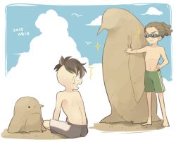 Rule 34 | 2boys, barefoot, bird, blue sky, brown hair, cloud, dated, day, fudou akio, goggles, dreadlocks, inazuma eleven, inazuma eleven (series), kidou yuuto, male focus, multiple boys, open mouth, outdoors, penguin, saku anna, sand, sand sculpture, topless male, shorts, simple background, sitting, sky, smile, sparkle, standing, ^^^