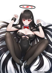 Rule 34 | 1girl, animal ears, bare shoulders, black footwear, black hair, black leotard, blue archive, blush, bow, bowtie, breasts, cleavage, closed mouth, covered navel, detached collar, fake animal ears, full body, hair ornament, halo, high heels, jurrig, large breasts, legs, leotard, long hair, looking at viewer, lying, on back, pantyhose, playboy bunny, rabbit ears, red eyes, rio (blue archive), simple background, solo, strapless, strapless leotard, white background, wrist cuffs