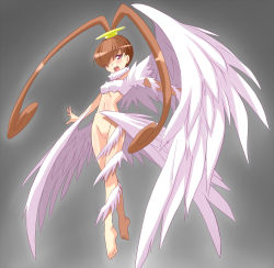 Rule 34 | 1girl, :d, amano nene (digimon xros wars), angel wings, asymmetrical wings, barefoot, blush, bottomless, breasts, brown hair, chicago-x, cleft of venus, digimon, digimon (creature), digimon xros wars, feathers, floating, hair over one eye, high ponytail, long hair, low wings, luminamon, multiple wings, navel, open mouth, purple eyes, pussy, smile, solo, split ponytail, uncensored, very long hair, wings