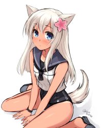 Rule 34 | 10s, 1girl, animal ears, blue eyes, crop top, don (29219), flower, hair flower, hair ornament, japanese flag, kantai collection, kemonomimi mode, long hair, looking at viewer, one-piece tan, ro-500 (kancolle), school swimsuit, school uniform, serafuku, sitting, sketch, sleeveless, slippers, solo, straight hair, swimsuit, swimsuit under clothes, tail, tan, tanline, twitter username, wariza, white background, white hair