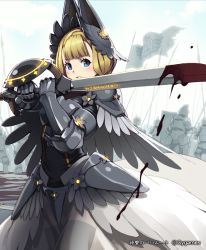 Rule 34 | 10s, 1girl, armor, bad id, bad pixiv id, black thighhighs, blonde hair, blood, blue eyes, len (a-7), looking at viewer, luminous knight, shingeki no bahamut, solo, sword, thighhighs, watermark, weapon