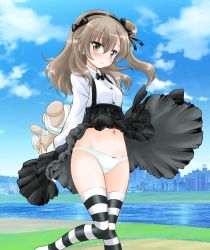 Rule 34 | 10s, 1girl, black bow, black bowtie, black thighhighs, boko (girls und panzer), bow, bowtie, breasts, brown eyes, clothes lift, cloud, cloudy sky, collared shirt, day, girls und panzer, hair ribbon, holding, holding stuffed toy, light brown hair, long hair, long sleeves, looking at viewer, navel, outdoors, panties, ribbon, river, shimada arisu, shirt, side ponytail, skirt, skirt lift, sky, small breasts, smile, solo, standing, standing on one leg, striped clothes, striped thighhighs, stuffed animal, stuffed toy, suspender skirt, suspenders, tachibana hiroki, teddy bear, thighhighs, underwear, white panties, white shirt