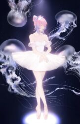 Rule 34 | 1girl, ballerina, ballet slippers, bare shoulders, black background, bow-shaped hair, breasts, cleavage, closed eyes, colored tips, crossed arms, detached sleeves, dress, facing down, genshin impact, highres, jellyfish, jewelry, multicolored hair, necklace, pink footwear, pink hair, pink lips, purple hair, sangonomiya kokomi, short sleeves, small breasts, solo, sumi (suumiko ), white dress