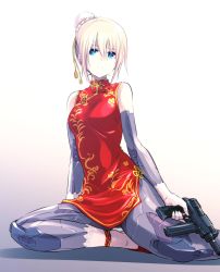 Rule 34 | 1girl, absurdres, android, black footwear, blonde hair, blue eyes, bun cover, china dress, chinese clothes, closed mouth, commentary, dress, expressionless, flats, gradient background, gun, hair bun, high collar, highres, holding, holding gun, holding weapon, ishiyumi, joints, looking at viewer, mechanical arms, mechanical buddy universe, mechanical legs, mechanical parts, print dress, red dress, robot joints, science fiction, shadow, short dress, short hair, side slit, single hair bun, sitting, sleeveless, sleeveless dress, solo, submachine gun, weapon, yokozuwari