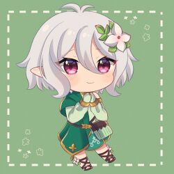 Rule 34 | artist request, bag, chibi, detached sleeves, dress, flower, green background, green dress, hair flower, hair ornament, highres, kokkoro (princess connect!), pink eyes, pointy ears, princess connect!, short hair, smile, white hair