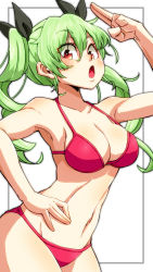 Rule 34 | 1girl, anchovy (girls und panzer), aono3, bikini, black ribbon, border, breasts, cleavage, commentary, cowboy shot, drill hair, girls und panzer, green hair, grey border, hair ribbon, hand on own hip, highres, leaning forward, long hair, looking at viewer, medium breasts, navel, open mouth, red bikini, red eyes, ribbon, salute, solo, standing, swimsuit, twin drills, twintails, two-finger salute, white background
