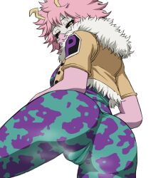 Rule 34 | 1girl, antennae, ashido mina, ass, black sclera, bodysuit, boku no hero academia, cameltoe, cleft of venus, colored sclera, cropped jacket, eye mask, from below, half-closed eyes, highres, leaning forward, looking at viewer, pink hair, shoganight, simple background, solo, standing, white background, yellow eyes