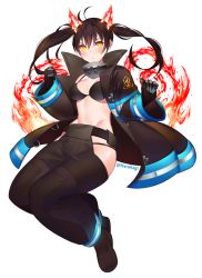 Rule 34 | 1girl, :o, baggy pants, bikini, bikini top only, black bikini, black coat, black footwear, black gloves, black hair, breasts, clenched hand, coat, collar, commentary request, en&#039;en no shouboutai, fiery ears, fiery tail, fire, firefighter, full body, gloves, grey pants, groin, harukagi, hip vent, looking at viewer, medium breasts, navel, open clothes, open coat, pants, sidelocks, simple background, solo, swimsuit, tail, tamaki kotatsu, twitter username, two side up, white background, yellow eyes
