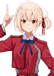 Rule 34 | 1girl, artist name, blonde hair, blue ribbon, closed mouth, dated, hair ribbon, highres, index finger raised, long sleeves, looking at viewer, lycoris recoil, neck ribbon, nishikigi chisato, paperca-ke, red eyes, red ribbon, ribbon, short hair, simple background, solo, uniform, white background