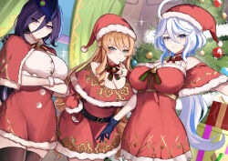 Rule 34 | 3girls, absurdres, alternate breast size, belt, black belt, black bow, black gloves, black thighhighs, blonde hair, blue eyes, blue hair, blue nails, bow, box, breasts, buttons, capelet, christmas, christmas ornaments, christmas tree, cleavage, clorinde (genshin impact), closed mouth, commentary, crossed arms, dark blue hair, dress, drill hair, drill sidelocks, drop-shaped pupils, english commentary, fingerless gloves, framed breasts, fur-trimmed capelet, fur-trimmed dress, fur-trimmed gloves, fur-trimmed headwear, fur trim, furina (genshin impact), genshin impact, gift, gift box, gloves, hair between eyes, hair bow, hat, heterochromia, highres, indoors, jewelry, large breasts, long hair, looking at viewer, low ponytail, multicolored hair, multiple girls, navia (genshin impact), purple eyes, red capelet, red dress, red gloves, red headwear, ring, santa capelet, santa costume, santa dress, santa hat, sidelocks, smile, streaked hair, symbol-shaped pupils, thighhighs, tian kazuki, tricorne, white gloves, white hair