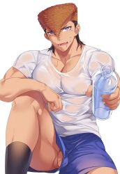 Rule 34 | 1boy, absurdres, alternate costume, bara, black hair, blue shorts, blush, bottle, brown hair, collarbone, covered erect nipples, danganronpa: trigger happy havoc, danganronpa (series), fang, flaccid, grey background, hair between eyes, highres, holding, holding bottle, incoming drink, knee up, large pectorals, lower teeth only, male focus, multicolored hair, muscular, muscular male, no male underwear, open mouth, owada mondo, p3ta (yio), pectoral cleavage, pectorals, penis, penis peek, penis slip, pompadour, see-through, shirt, shorts, simple background, sitting, socks, solo, sweat, teeth, testicles, uncensored, water, wet, wet clothes, wet shirt, white shirt